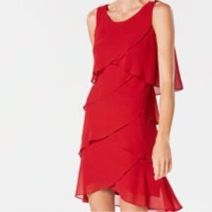 SLNY Strapless Red Ruffle Dress